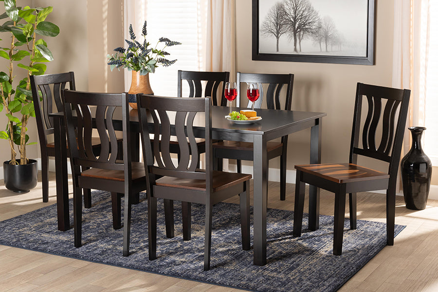 Baxton Studio Zamira Modern and Contemporary Transitional Two-Tone Dark Brown and Walnut Brown Finished Wood 7-Piece Dining Set | Modishstore | Dining Sets