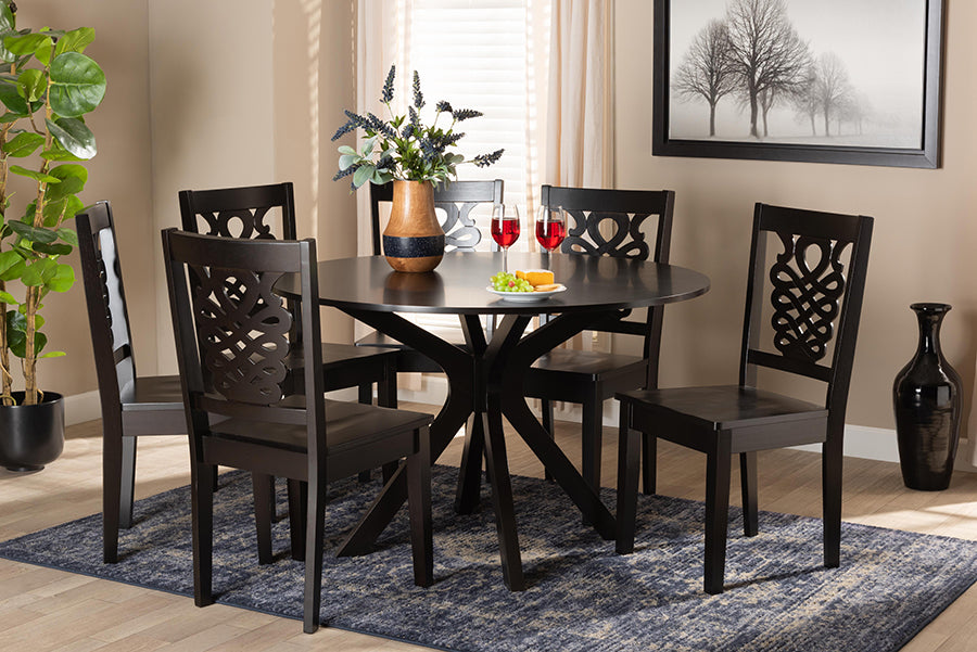 Baxton Studio Liese Modern and Contemporary Transitional Dark Brown Finished Wood 7-Piece Dining Set | Modishstore | Dining Sets