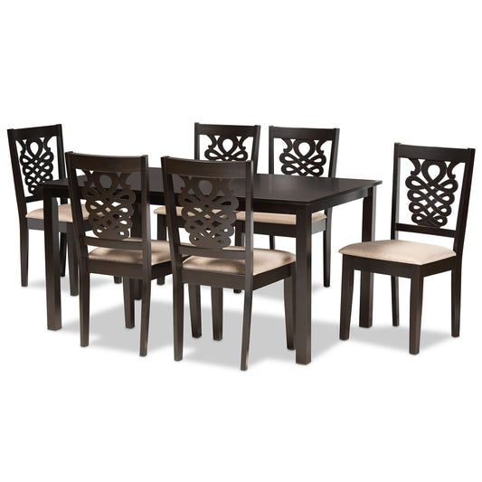 Baxton Studio Gervais Modern and Contemporary Sand Fabric Upholstered and Dark Brown Finished Wood 7-Piece Dining Set | Dining Sets | Modishstore