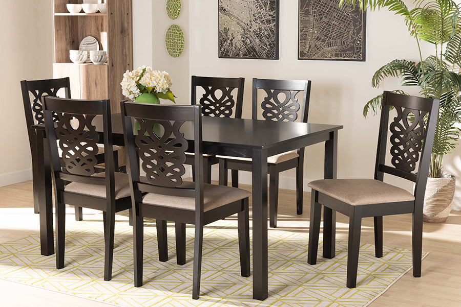 Baxton Studio Gervais Modern and Contemporary Sand Fabric Upholstered and Dark Brown Finished Wood 7-Piece Dining Set | Dining Sets | Modishstore - 2