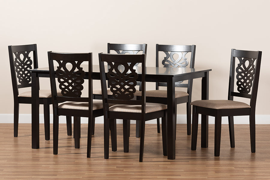 Baxton Studio Gervais Modern and Contemporary Sand Fabric Upholstered and Dark Brown Finished Wood 7-Piece Dining Set | Dining Sets | Modishstore - 3
