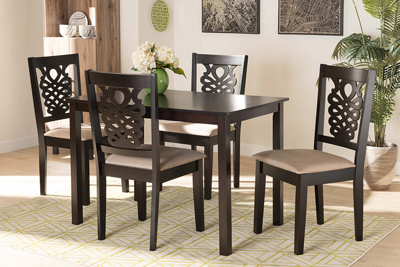 Baxton Studio Gervais Modern and Contemporary Sand Fabric Upholstered and Dark Brown Finished Wood 5-Piece Dining Set | Modishstore | Dining Sets