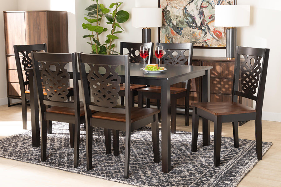 Baxton Studio Luisa Modern and Contemporary Two-Tone Dark Brown and Walnut Brown Finished Wood 7-Piece Dining Set | Modishstore | Dining Sets