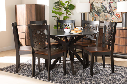 Baxton Studio Liese Modern and Contemporary Transitional Two-Tone Dark Brown and Walnut Brown Finished Wood 7-Piece Dining Set | Modishstore | Dining Sets