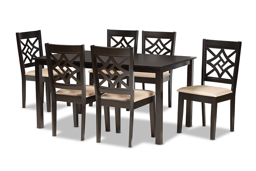 baxton studio nicolette modern and contemporary sand fabric upholstered and dark brown finished wood 7 piece dining set | Modish Furniture Store-2