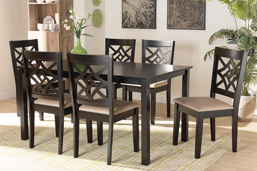 Baxton Studio Nicolette Modern and Contemporary Sand Fabric Upholstered and Dark Brown Finished Wood 7-Piece Dining Set | Modishstore | Dining Sets