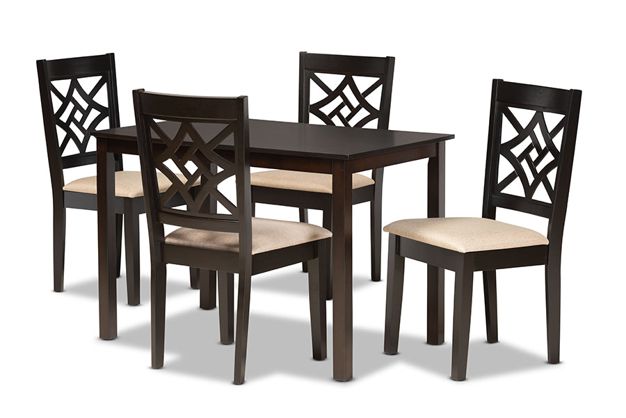 baxton studio nicolette modern and contemporary sand fabric upholstered and dark brown finished wood 5 piece dining set | Modish Furniture Store-2
