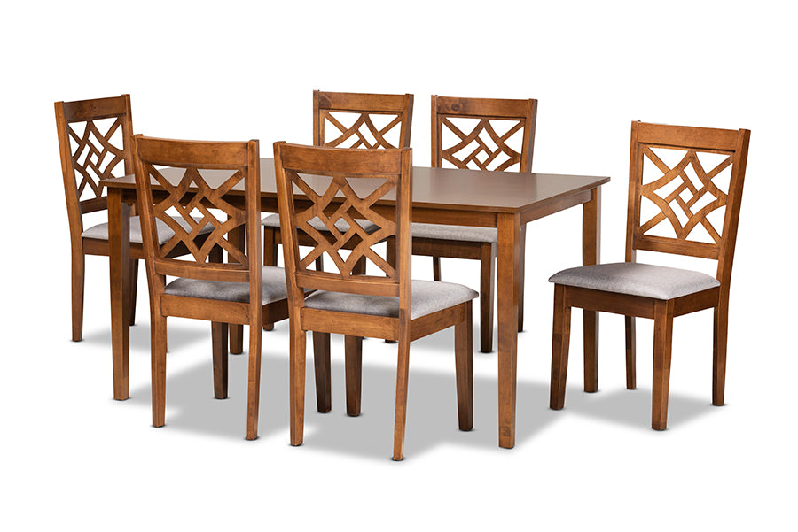 baxton studio nicolette modern and contemporary grey fabric upholstered and walnut brown finished wood 7 piece dining set | Modish Furniture Store-2
