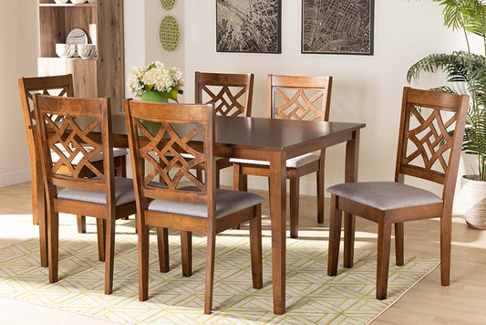 Baxton Studio Nicolette Modern and Contemporary Grey Fabric Upholstered and Walnut Brown Finished Wood 7-Piece Dining Set | Modishstore | Dining Sets