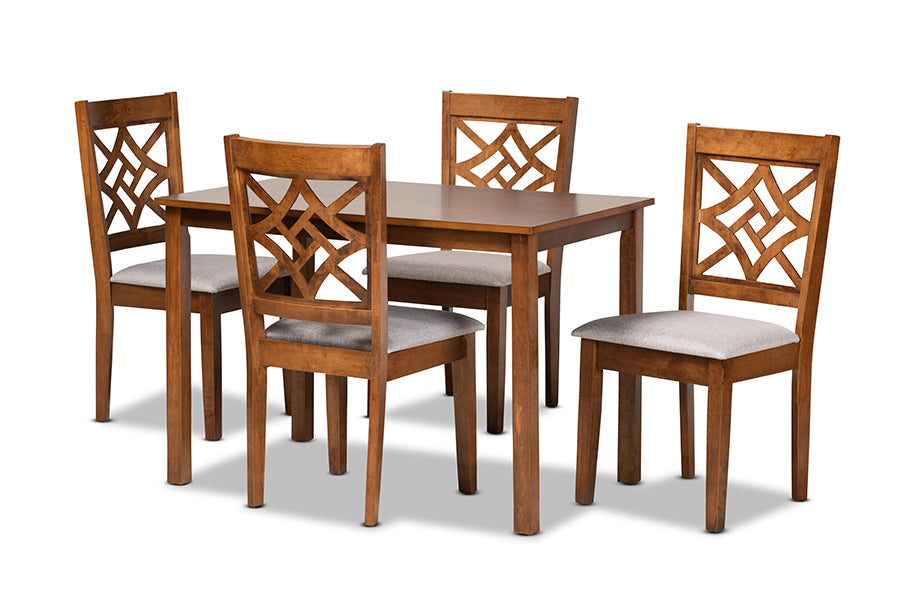 baxton studio nicolette modern and contemporary grey fabric upholstered and walnut brown finished wood 5 piece dining set | Modish Furniture Store-2