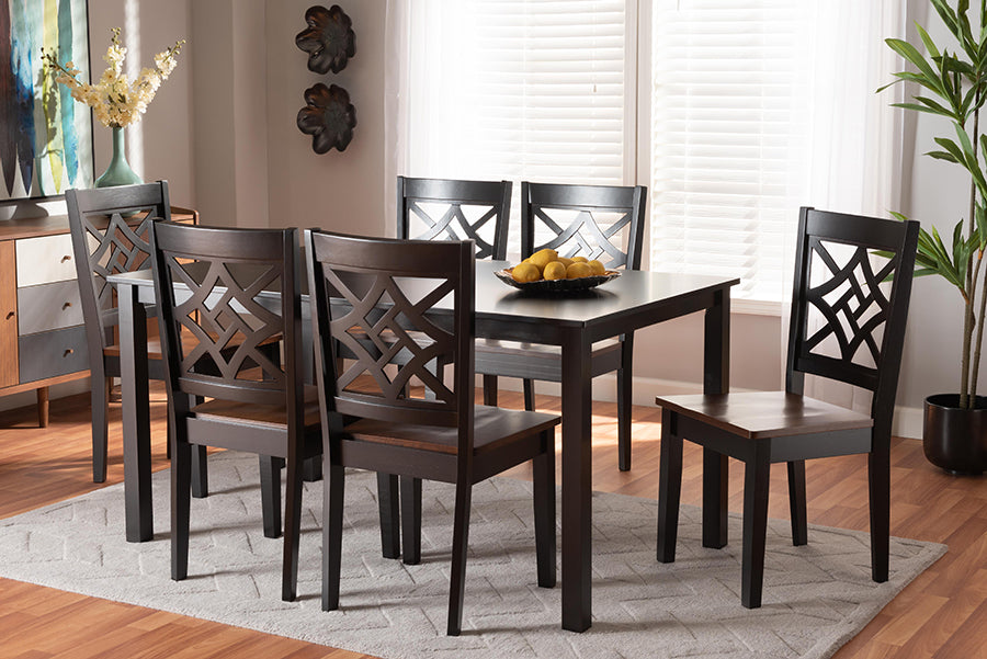 Baxton Studio Nicolette Modern and Contemporary Two-Tone Dark Brown and Walnut Brown Finished Wood 7-Piece Dining Set | Modishstore | Dining Sets