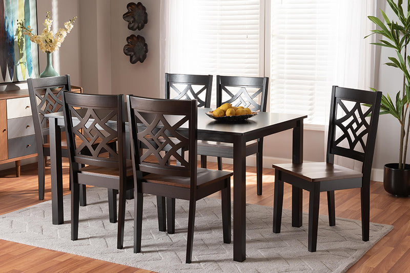 Baxton Studio Nicolette Modern and Contemporary Two-Tone Dark Brown and Walnut Brown Finished Wood 7-Piece Dining Set | Modishstore | Dining Sets