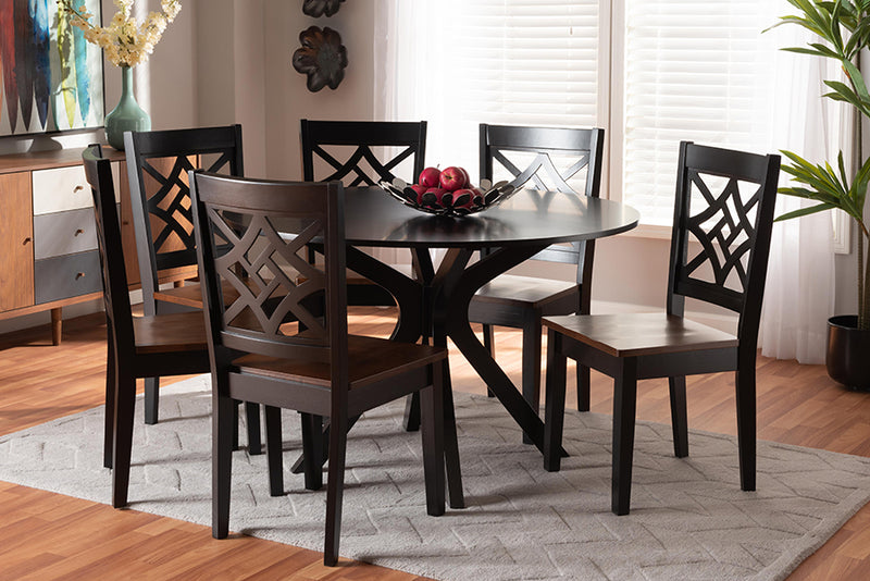 Baxton Studio Miela Modern and Contemporary Two-Tone Dark Brown and Walnut Brown Finished Wood 7-Piece Dining Set | Modishstore | Dining Sets
