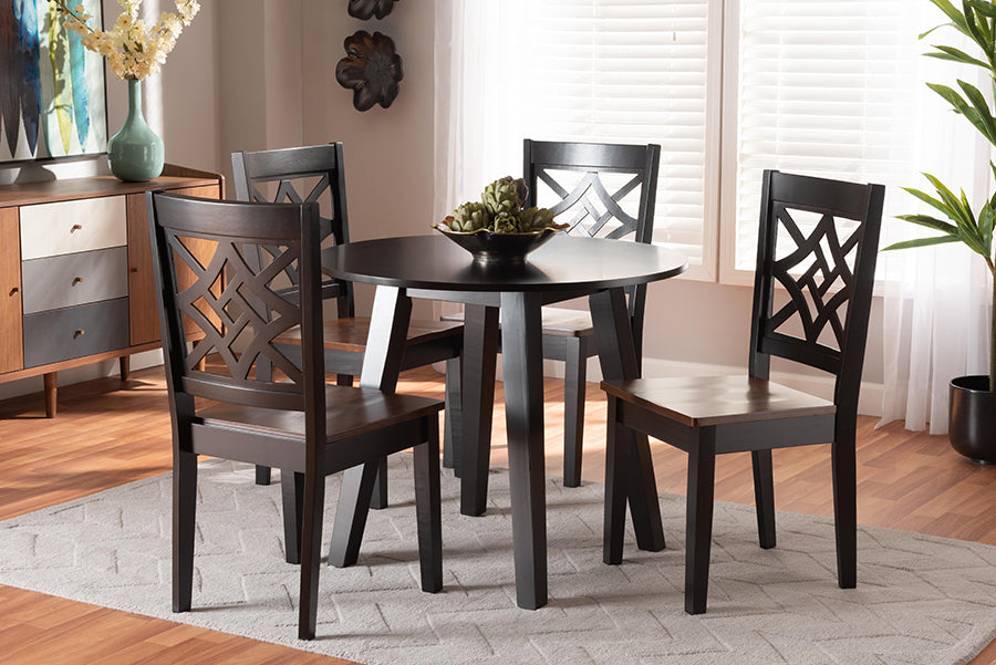 Baxton Studio Rava Modern and Contemporary Two-Tone Dark Brown and Walnut Brown Finished Wood 5-Piece Dining Set | Modishstore | Dining Sets