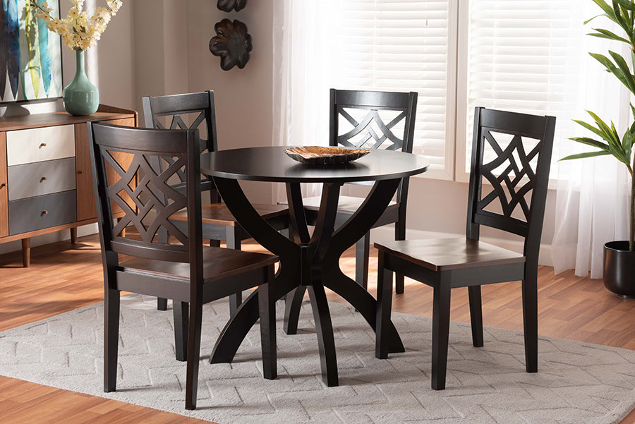 Baxton Studio Anila Modern and Contemporary Two-Tone Dark Brown and Walnut Brown Finished Wood 5-Piece Dining Set | Modishstore | Dining Sets