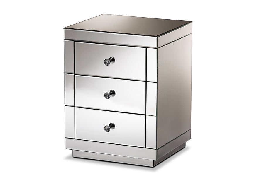 baxton studio arnold contemporary glam and luxe mirrored 3 drawer nightstand | Modish Furniture Store-2