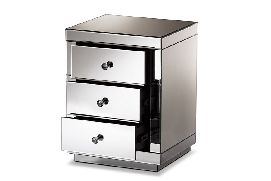 baxton studio arnold contemporary glam and luxe mirrored 3 drawer nightstand | Modish Furniture Store-3