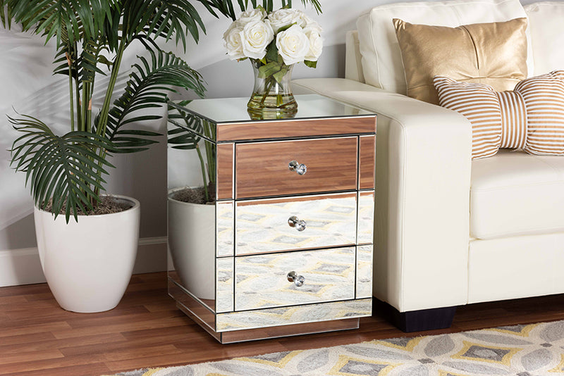 Baxton Studio Arnold Contemporary Glam and Luxe Mirrored 3-Drawer Nightstand | Modishstore | Nightstands