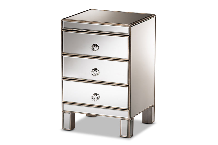 baxton studio ewan contemporary glam and luxe mirrored 3 drawer nightstand | Modish Furniture Store-2