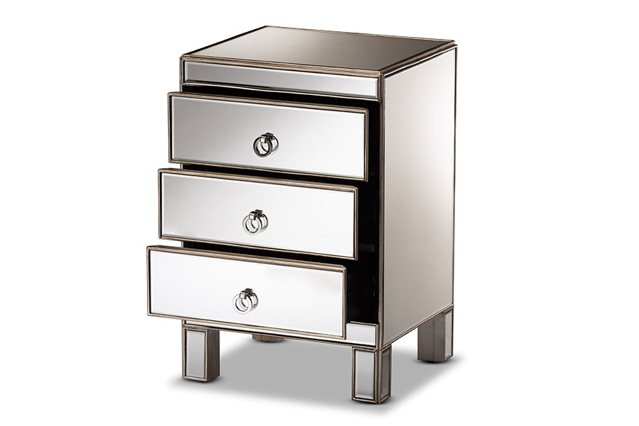 baxton studio ewan contemporary glam and luxe mirrored 3 drawer nightstand | Modish Furniture Store-3