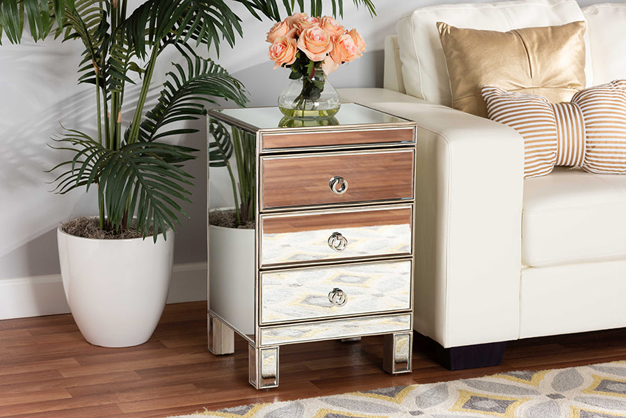 Baxton Studio Ewan Contemporary Glam and Luxe Mirrored 3-Drawer Nightstand | Modishstore | Nightstands