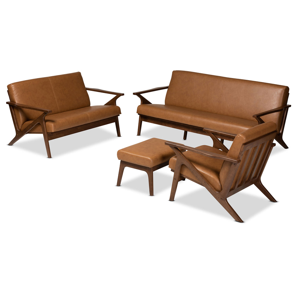 Baxton Studio Bianca Mid-Century Modern Walnut Brown Finished Wood and Tan Faux Leather Effect 4-Piece Living Room Set | Sofas | Modishstore - 2