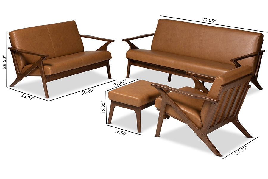 Baxton Studio Bianca Mid-Century Modern Walnut Brown Finished Wood and Tan Faux Leather Effect 4-Piece Living Room Set | Sofas | Modishstore - 8