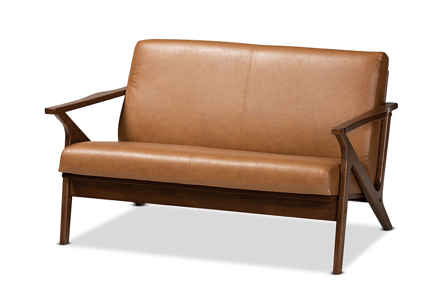 Baxton Studio Bianca Mid-Century Modern Walnut Brown Finished Wood and Tan Faux Leather Effect 4-Piece Living Room Set | Sofas | Modishstore - 5