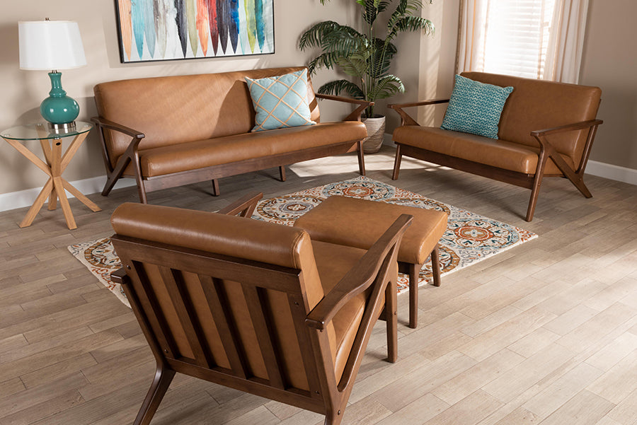 Baxton Studio Bianca Mid-Century Modern Walnut Brown Finished Wood and Tan Faux Leather Effect 4-Piece Living Room Set | Sofas | Modishstore