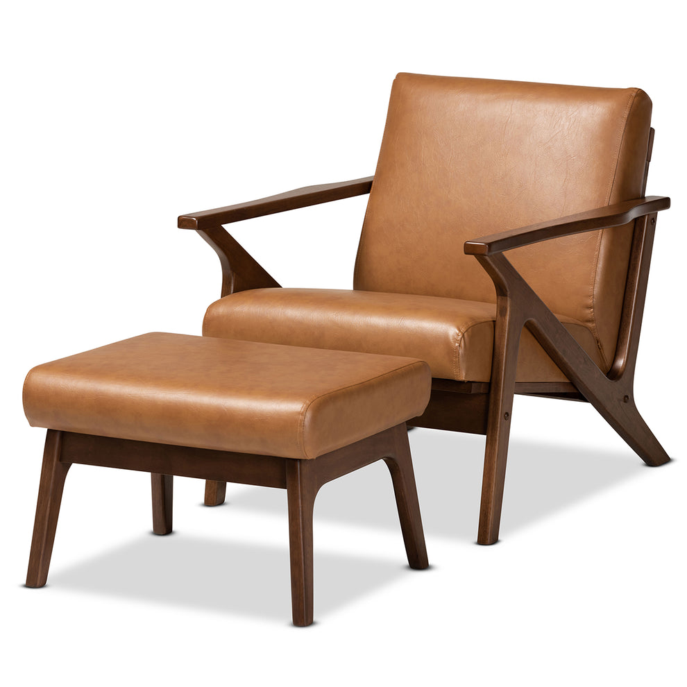 Baxton Studio Bianca Mid-Century Modern Walnut Brown Finished Wood and Tan Faux Leather Effect 2-Piece Lounge chair and Ottoman Set | Sofas | Modishstore - 2