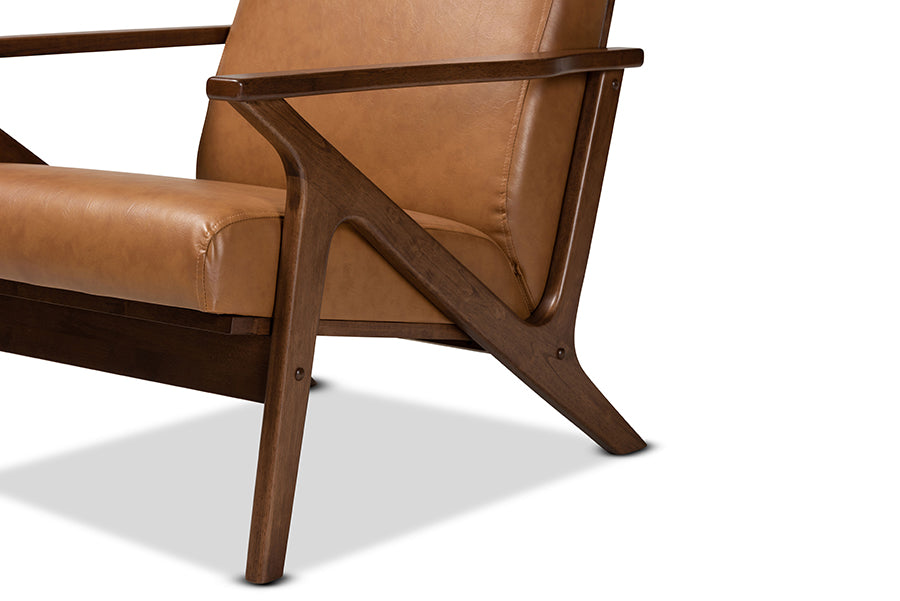Baxton Studio Bianca Mid-Century Modern Walnut Brown Finished Wood and Tan Faux Leather Effect 2-Piece Lounge chair and Ottoman Set | Sofas | Modishstore - 6