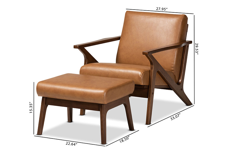 Baxton Studio Bianca Mid-Century Modern Walnut Brown Finished Wood and Tan Faux Leather Effect 2-Piece Lounge chair and Ottoman Set | Sofas | Modishstore - 7