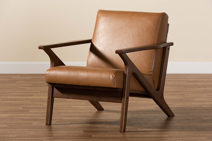 Baxton Studio Bianca Mid-Century Modern Walnut Brown Finished Wood and Tan Faux Leather Effect Lounge Chair | Lounge Chairs | Modishstore - 3