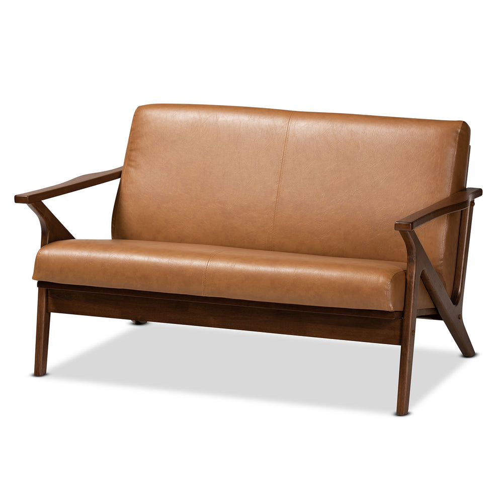 Baxton Studio Bianca Mid-Century Modern Walnut Brown Finished Wood and Tan Faux Leather Effect Loveseat | Loveseats | Modishstore - 2