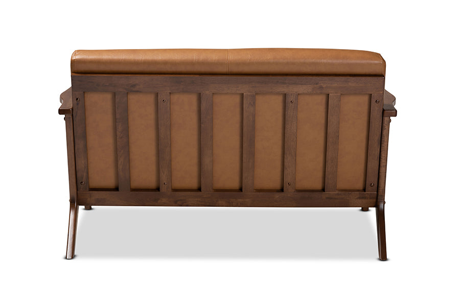 Baxton Studio Bianca Mid-Century Modern Walnut Brown Finished Wood and Tan Faux Leather Effect Loveseat | Loveseats | Modishstore - 6