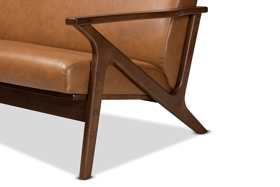 Baxton Studio Bianca Mid-Century Modern Walnut Brown Finished Wood and Tan Faux Leather Effect Loveseat | Loveseats | Modishstore - 4