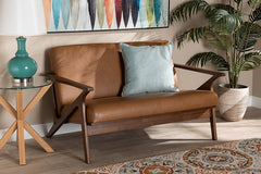Baxton Studio Bianca Mid-Century Modern Walnut Brown Finished Wood and Tan Faux Leather Effect Loveseat