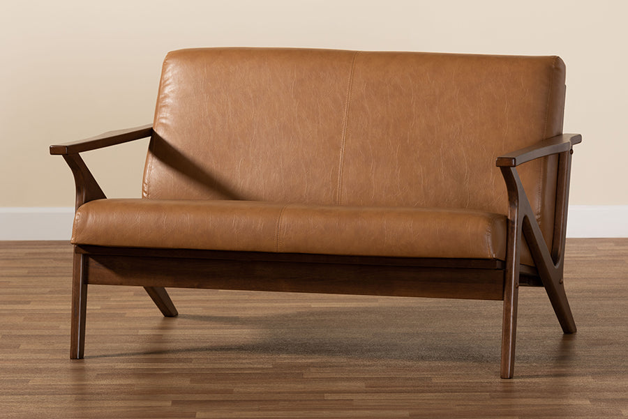 Baxton Studio Bianca Mid-Century Modern Walnut Brown Finished Wood and Tan Faux Leather Effect Loveseat | Loveseats | Modishstore - 3