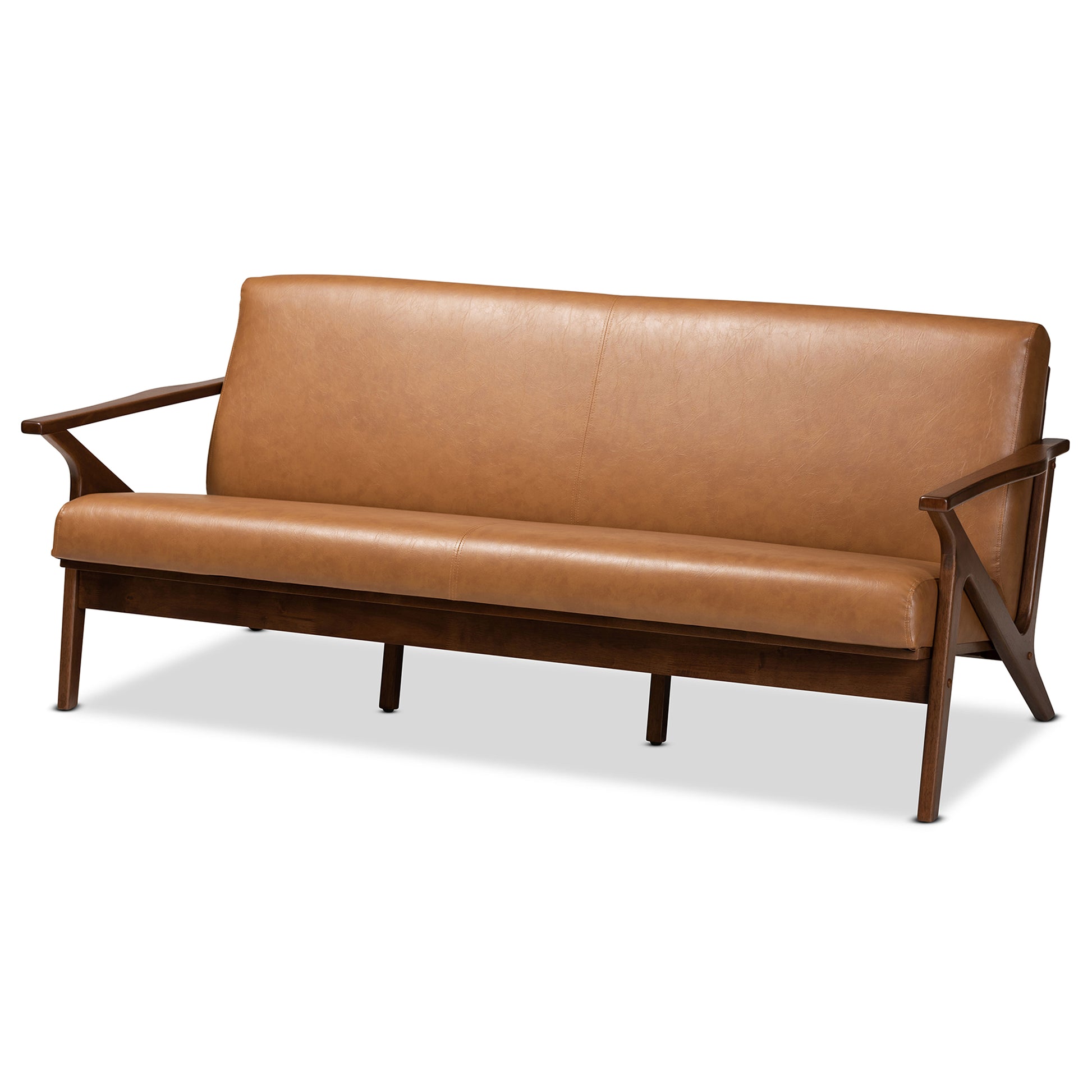 Baxton Studio Bianca Mid-Century Modern Walnut Brown Finished Wood and Tan Faux Leather Effect Sofa | Sofas | Modishstore - 2