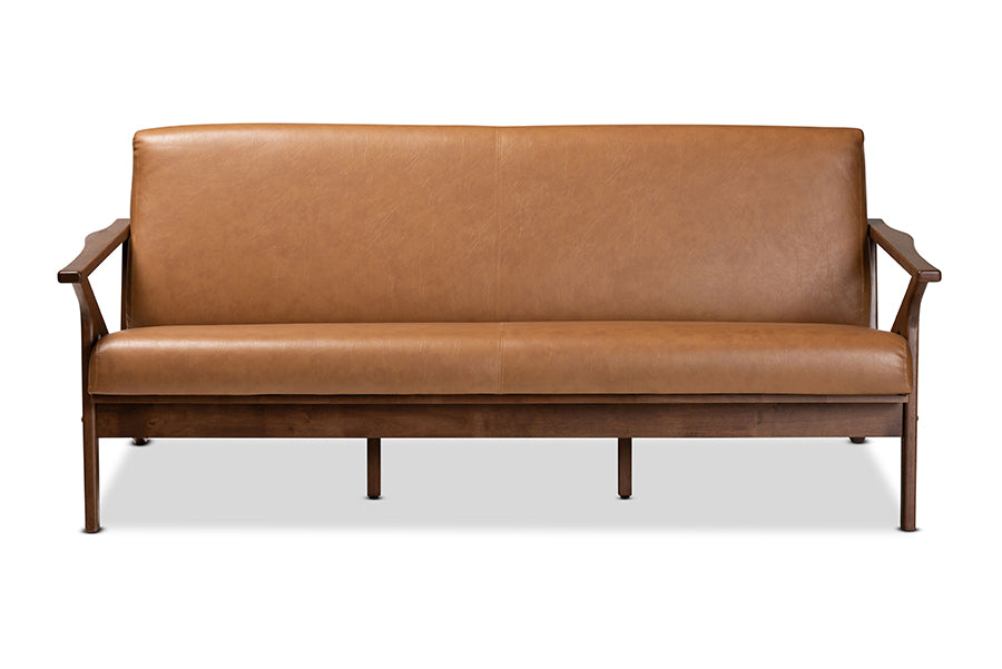 Baxton Studio Bianca Mid-Century Modern Walnut Brown Finished Wood and Tan Faux Leather Effect Sofa | Sofas | Modishstore - 8