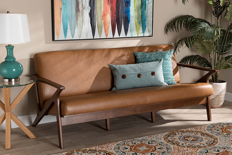 Baxton Studio Bianca Mid-Century Modern Walnut Brown Finished Wood and Tan Faux Leather Effect Sofa | Sofas | Modishstore