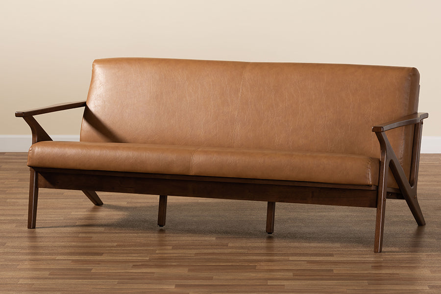 Baxton Studio Bianca Mid-Century Modern Walnut Brown Finished Wood and Tan Faux Leather Effect Sofa | Sofas | Modishstore - 3