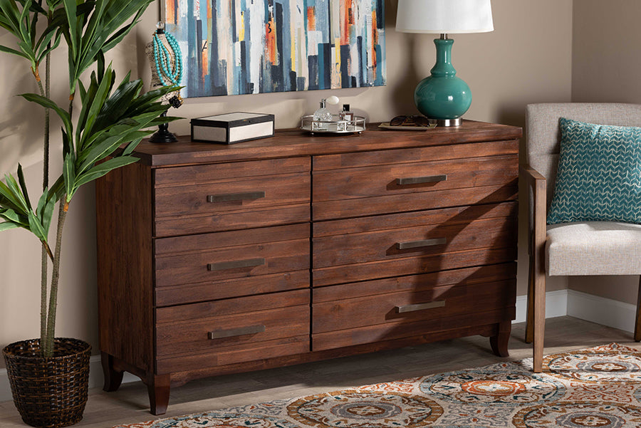 Baxton Studio Ella Modern and Contemporary Warm Oak Brown Finished Wood 6-Drawer dresser | Modishstore | Drawers