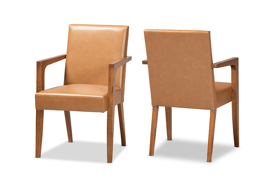 Baxton Studio Andrea Mid-Century Modern Tan Faux Leather Upholstered and Walnut Brown Finished Wood 2-Piece Armchair Set | Armchairs | Modishstore - 2