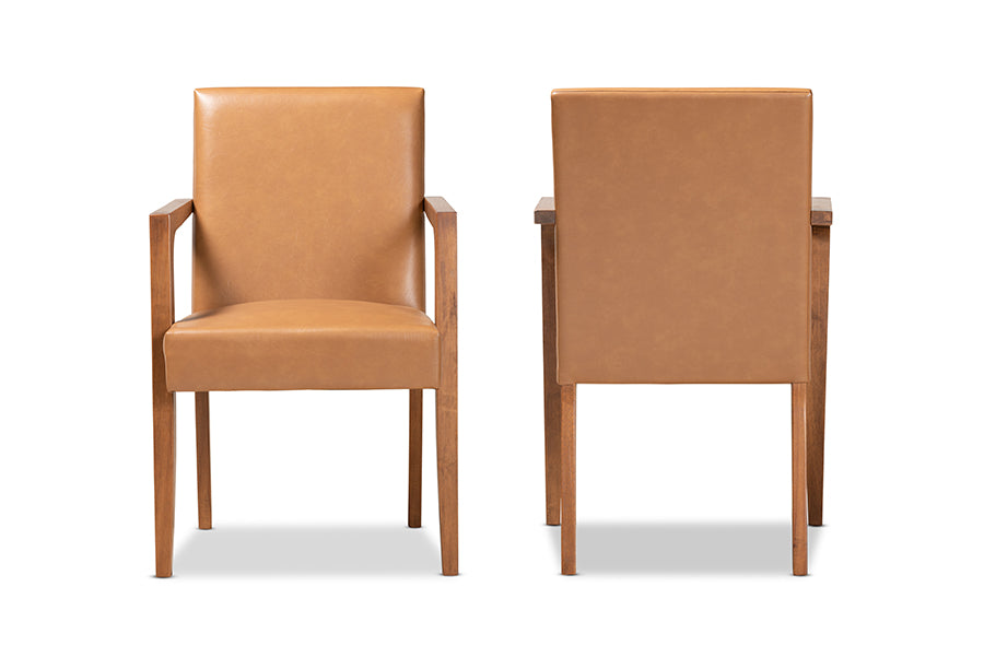 Baxton Studio Andrea Mid-Century Modern Tan Faux Leather Upholstered and Walnut Brown Finished Wood 2-Piece Armchair Set | Armchairs | Modishstore - 6