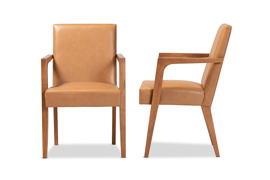 Baxton Studio Andrea Mid-Century Modern Tan Faux Leather Upholstered and Walnut Brown Finished Wood 2-Piece Armchair Set | Armchairs | Modishstore - 5