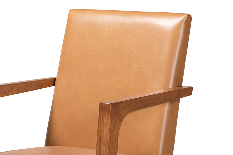 Baxton Studio Andrea Mid-Century Modern Tan Faux Leather Upholstered and Walnut Brown Finished Wood 2-Piece Armchair Set | Armchairs | Modishstore - 4