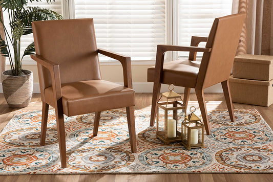 Baxton Studio Andrea Mid-Century Modern Tan Faux Leather Upholstered and Walnut Brown Finished Wood 2-Piece Armchair Set | Armchairs | Modishstore