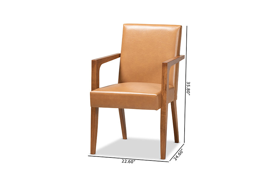 Baxton Studio Andrea Mid-Century Modern Tan Faux Leather Upholstered and Walnut Brown Finished Wood 2-Piece Armchair Set | Armchairs | Modishstore - 3