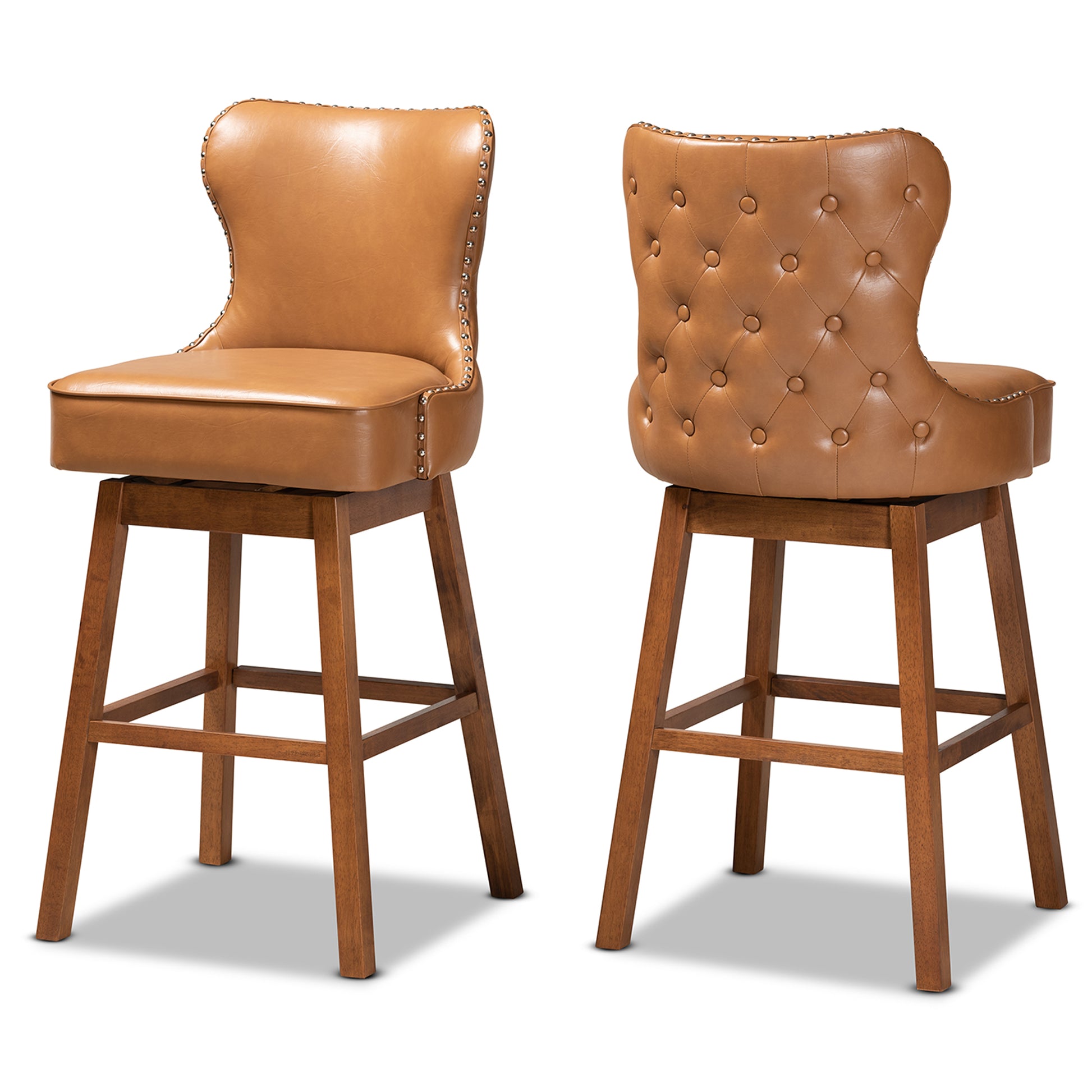 Baxton Studio Gradisca Modern and Contemporary Tan Faux Leather Upholstered and Walnut Brown Finished Wood 2-Piece Swivel Bar Stool Set | Bar Stools | Modishstore - 2